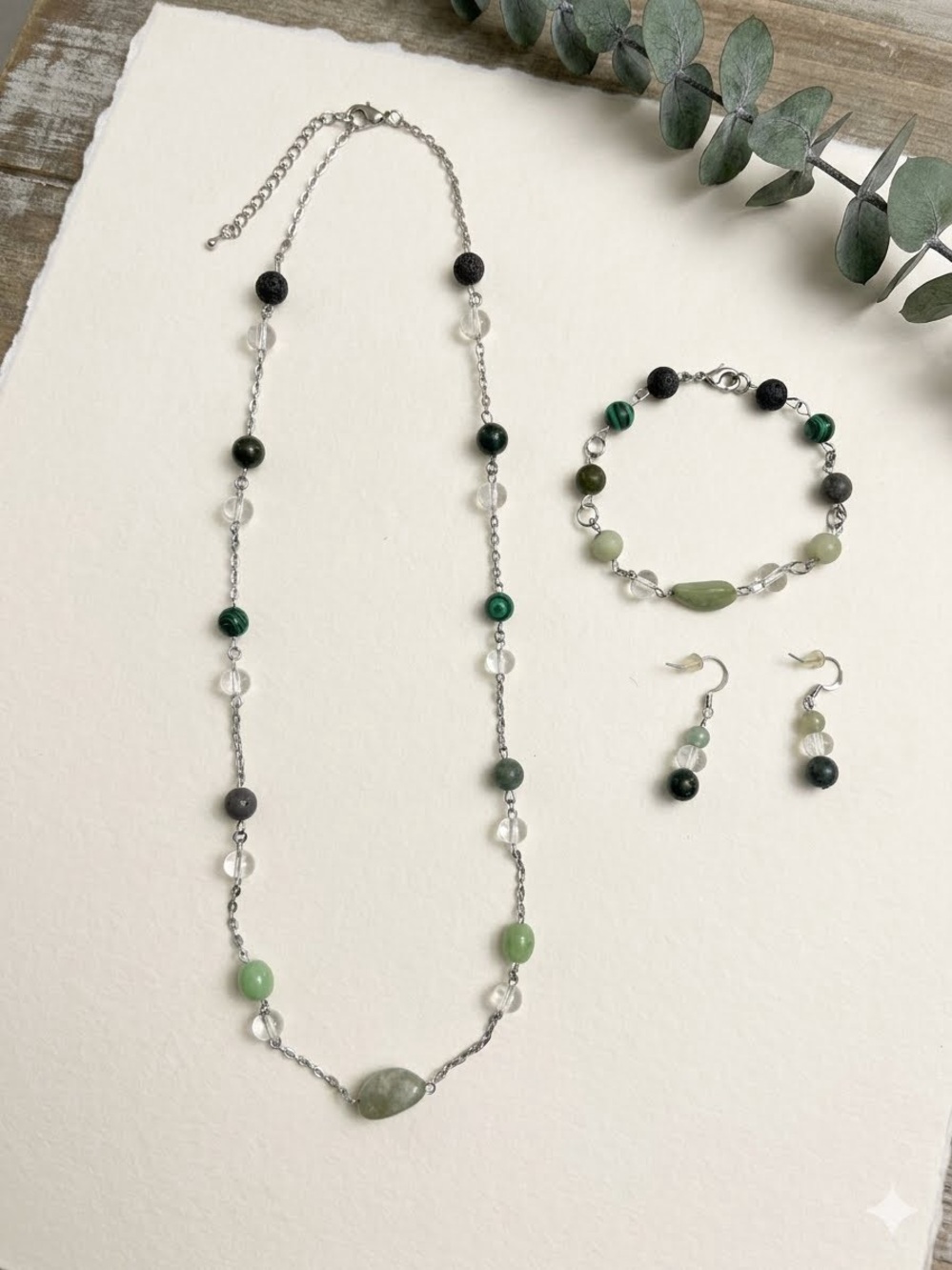 3pc Green Stone Bead Necklace Bracelet Earrings Jewelry Set